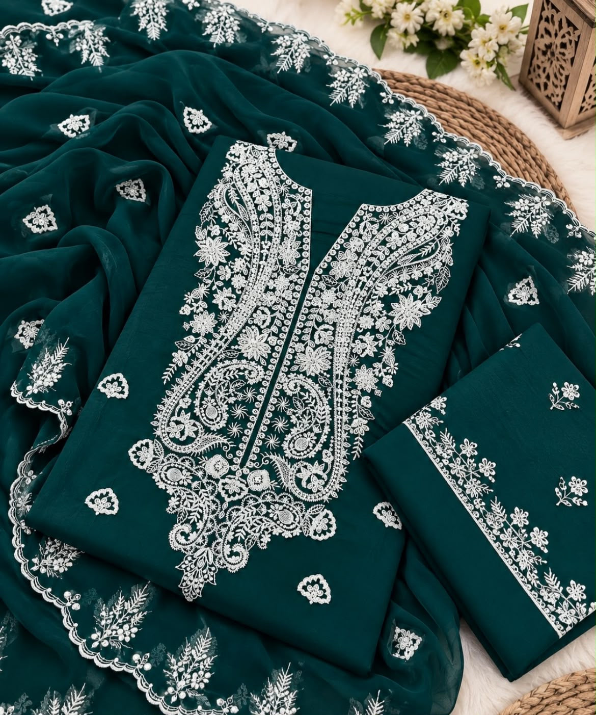 Kashmiri 3MM Sitara Embroidery Soft Cotton Fabric With Cutwork Border Chiffon Dupatta - 3PC Unstitched Dress 👗