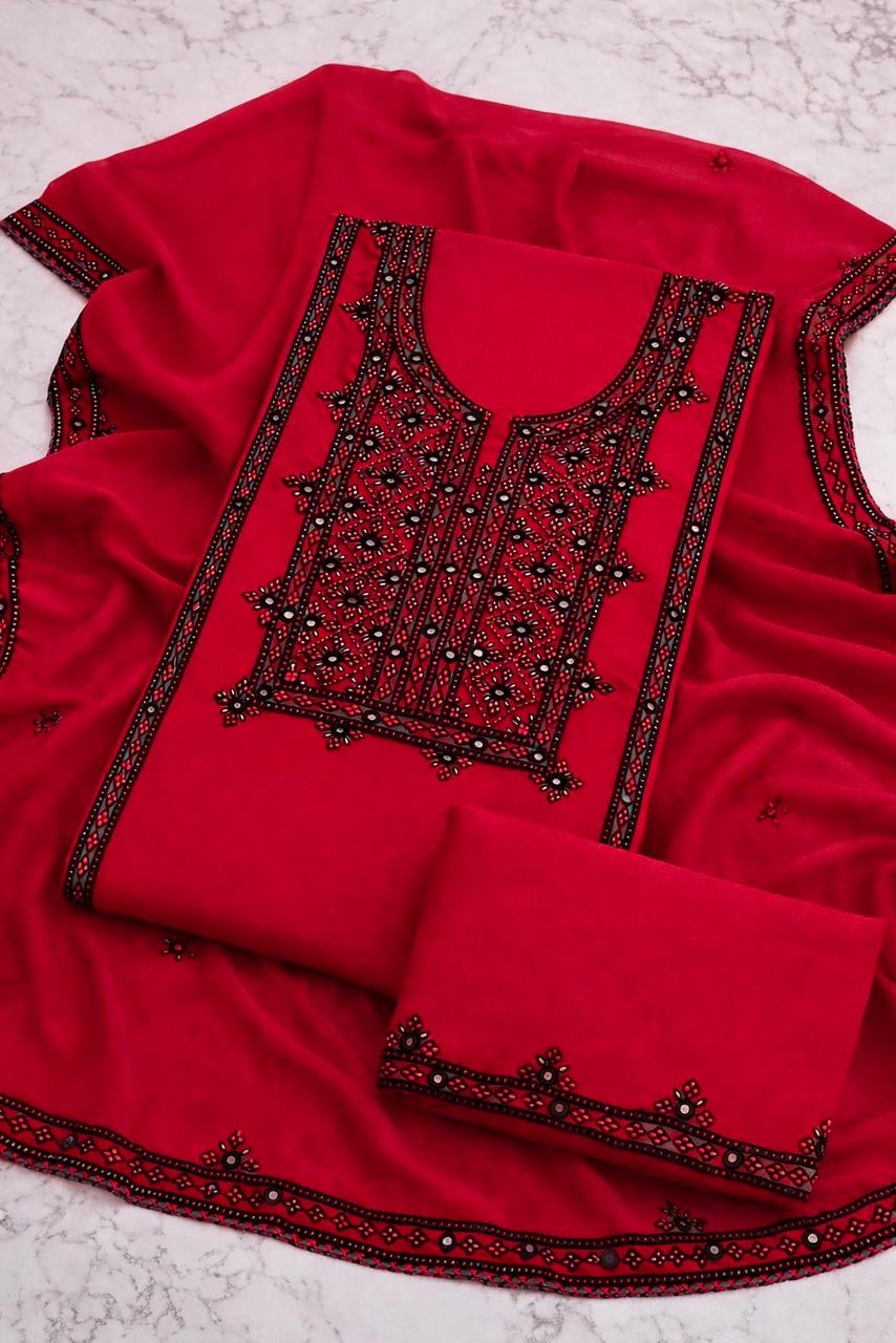 Pure Handmade Balochi Embroidered Unstitched 3-Piece Suit with Original Mirror Work