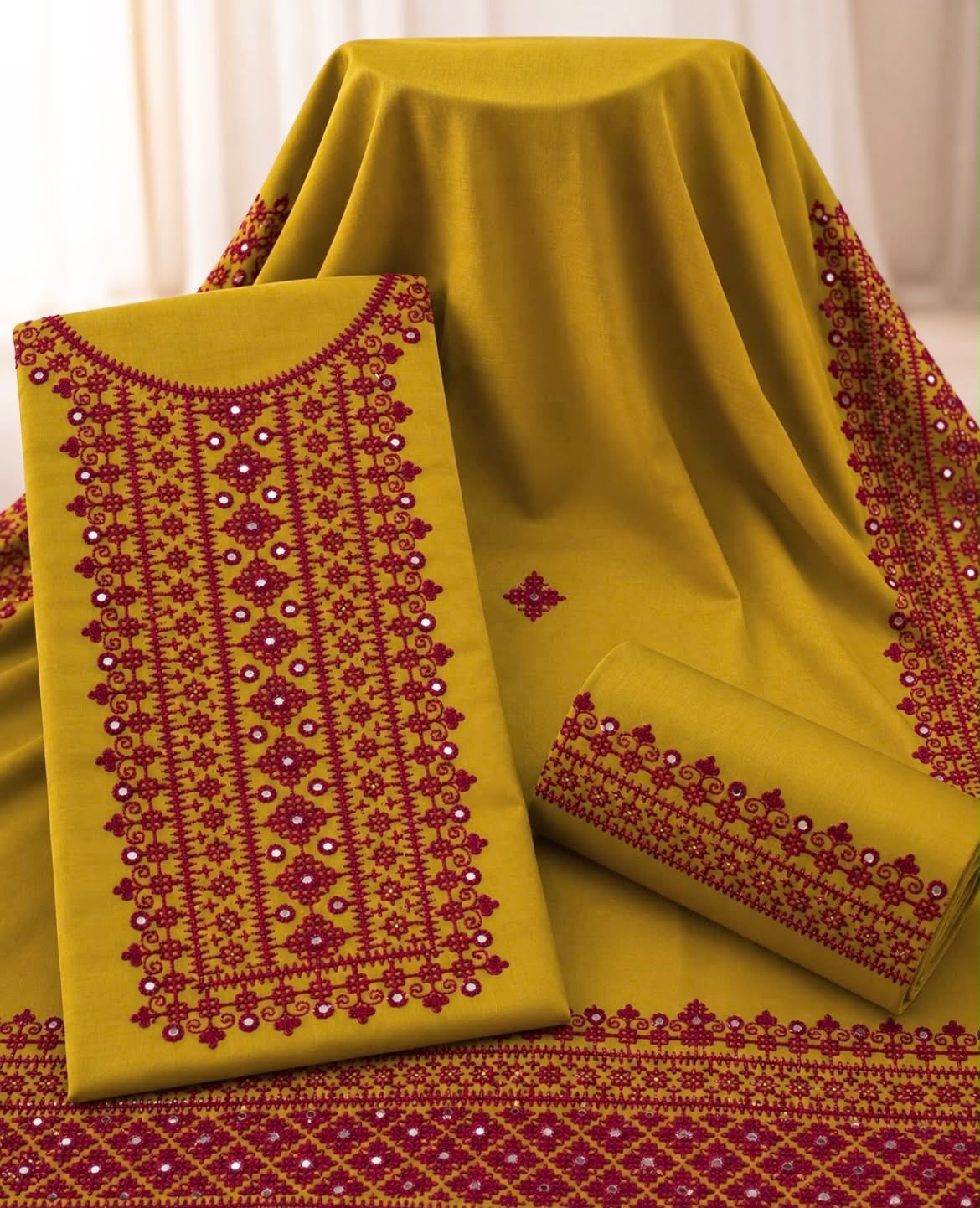 Hurmucha Machine Work & Sitara Foil Detailing Embroidered Soft Cotton with Chiffon Dupatta – 3PC Unstitch Dress 👗