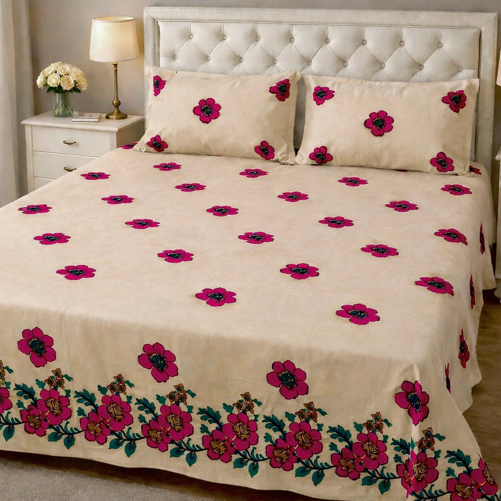 Floral Arri Embroidered Work King Size Double Bed Bedsheet With Two Stitched Pillow Covers