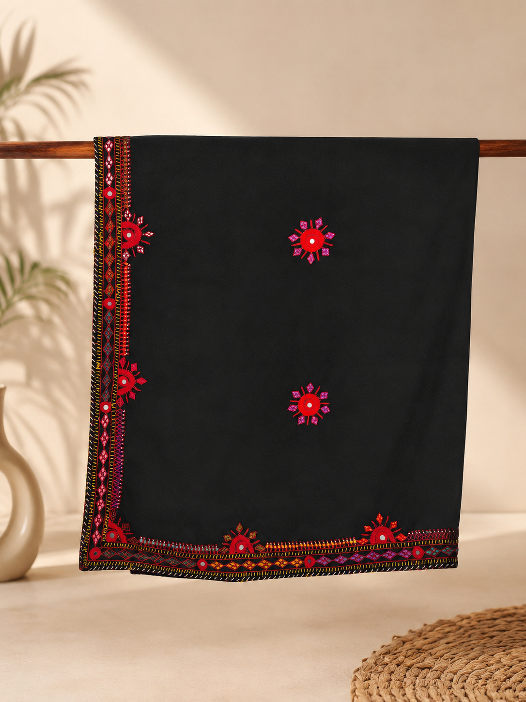 Balochi Heavy Four Border Original Mirror Work Handmade Chadar | Swiss Voile Fabric