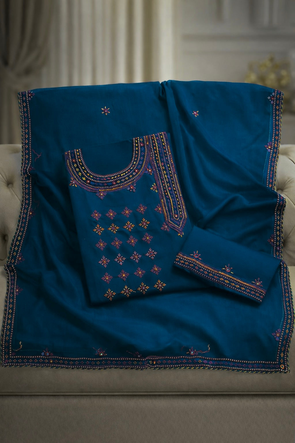 Angrakha Style Gala Balochi Handmade Original Mirror Work Lawn Cotton with Chiffon Dupatta - 3PC Unstitch Dress 👗