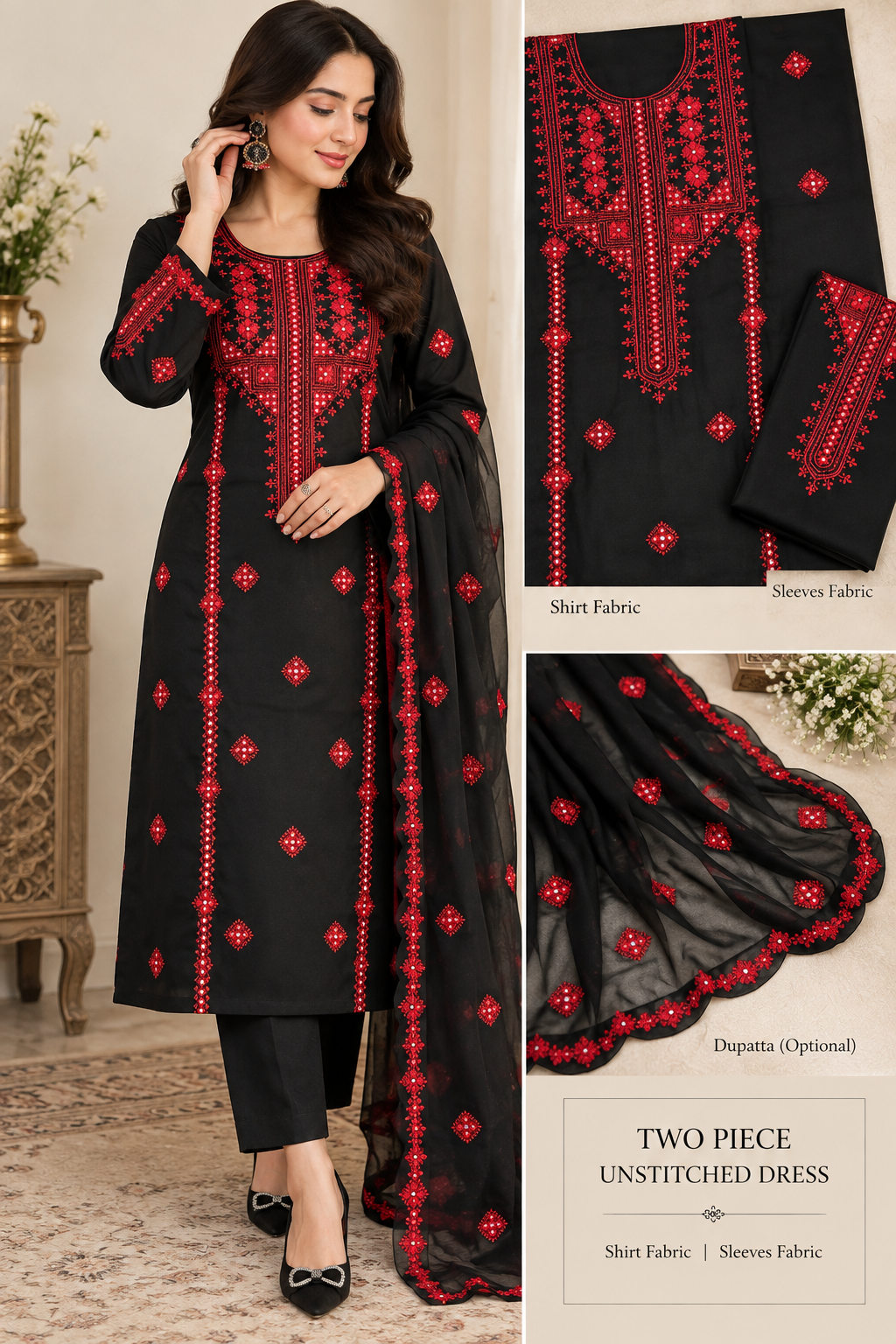 Korean Georgette Fabric Handmade Mirror Work with Heavy Sleeves Work - 2PC Unstitched Dress 👗