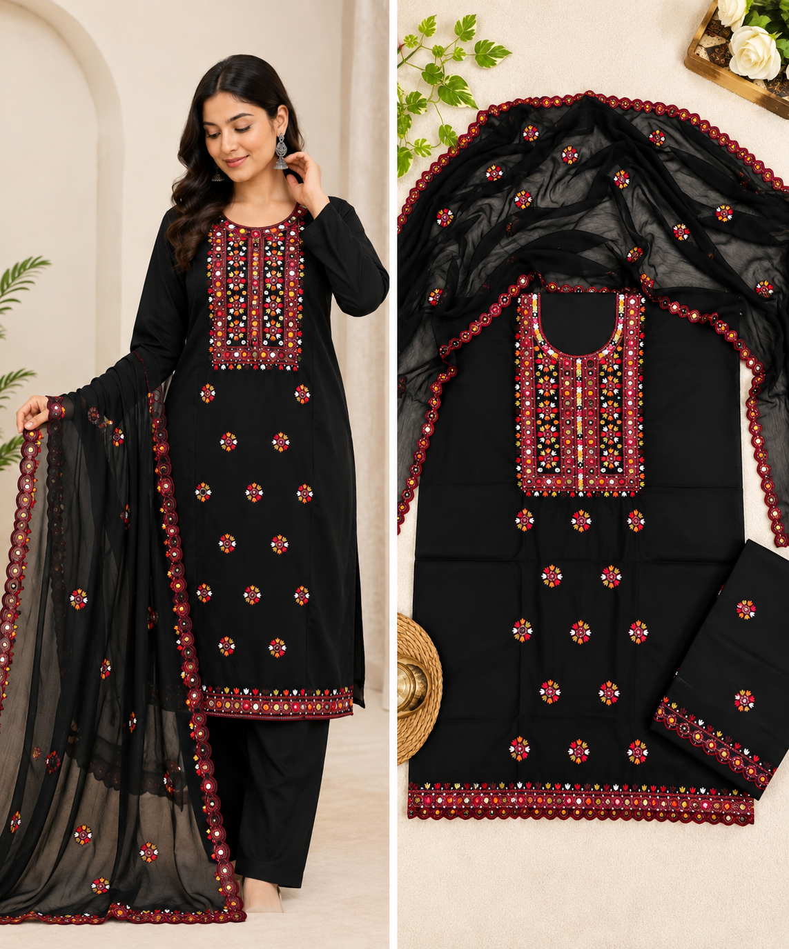 Multi Balochi Thick Thread Sitara Embroidered Soft Cotton with Cutwork Border Chiffon Dupatta - 3PC Unstitched Dress 👗