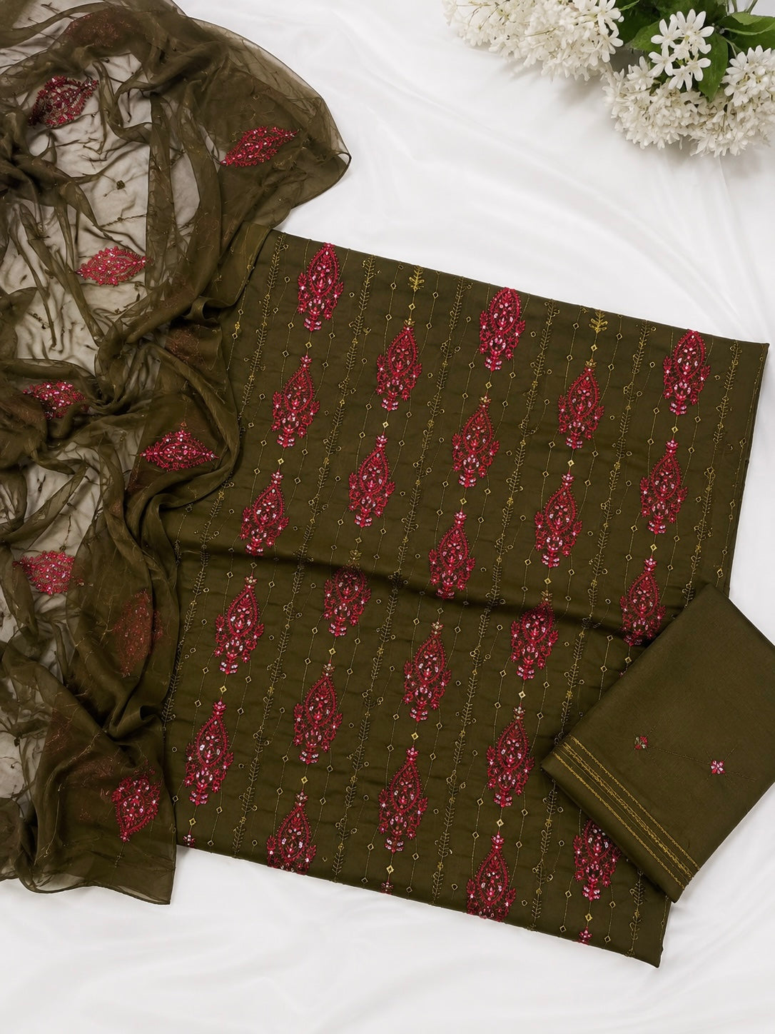 Bouring 3MM Sitara Sequence Work Embroidery Lawn Cotton with Chiffon Dupatta - 3PC Unstitch Dress 👗