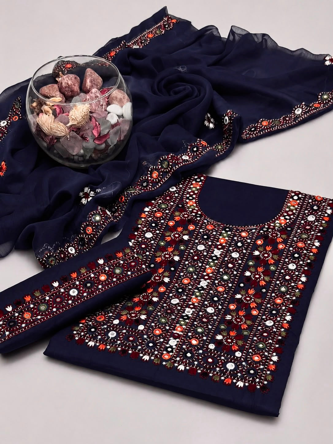 Balochi Multi Thick Thread 9MM Sitara Heavy Embroidered Soft Cotton with Chiffon Dupatta – 3PC Unstitched Dress