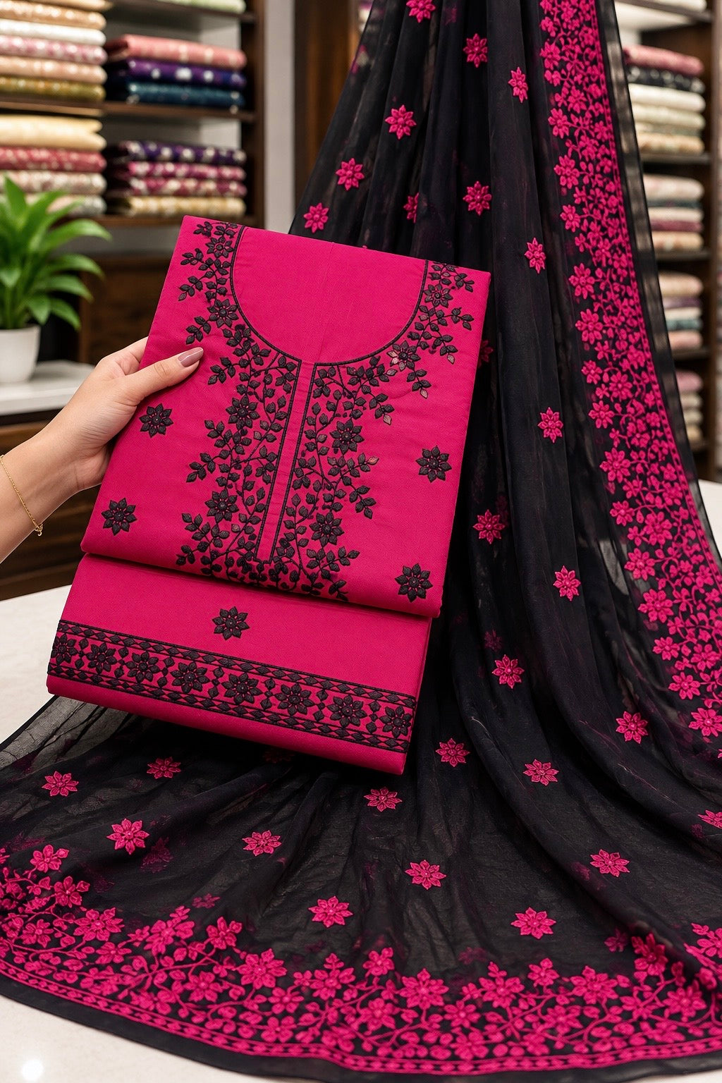 Computer Flower Patti Applique Embroidered Soft Cotton with Chiffon Dupatta - 3PC Unstitch Dress 👗