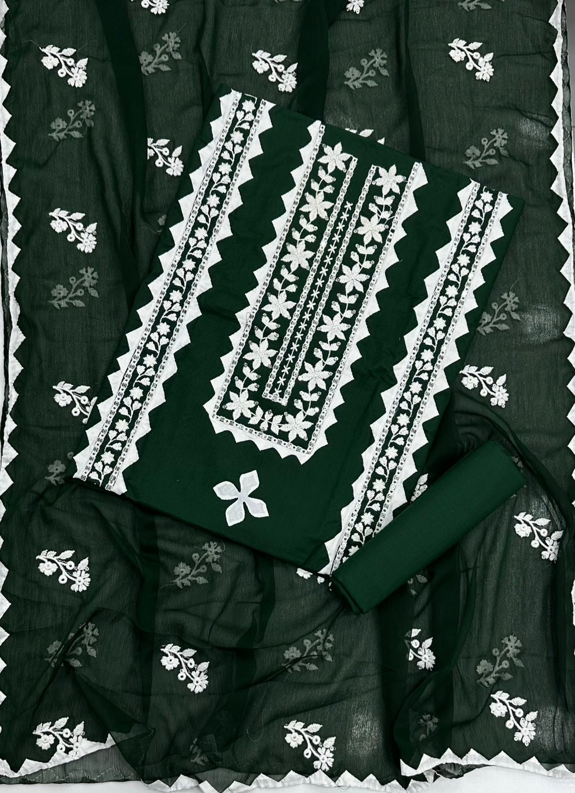 Elegant Applic+Thick Thread Work 3-Piece Cotton Suit