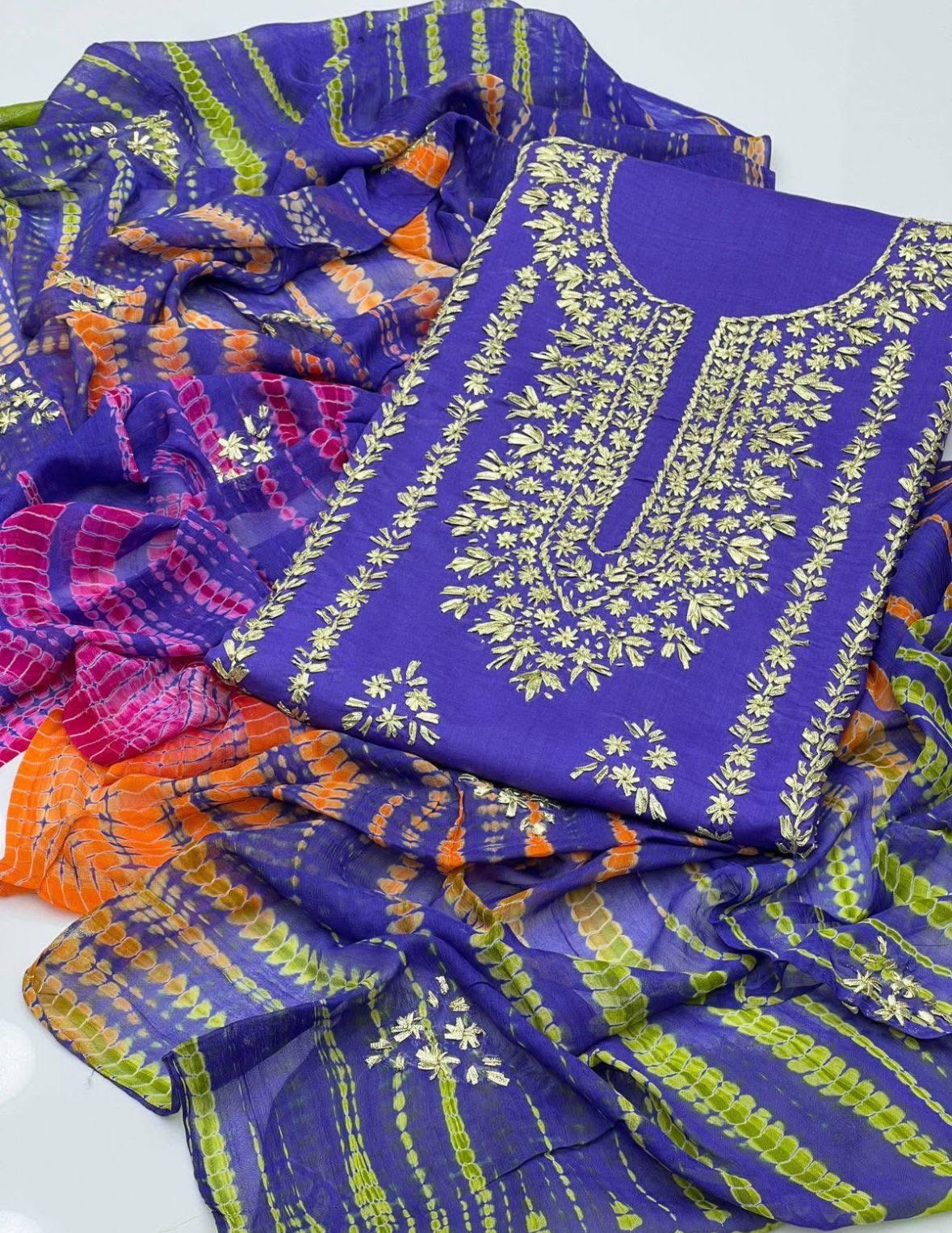 Gotta Work Handmade Lawn Stuff with Chiffon Tie-Dye Dupatta 3PC Unsticthed Dress