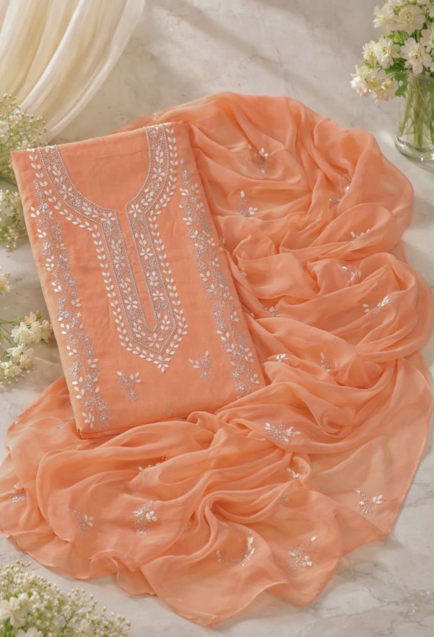 Handmade Applique Leaf, Zari & Pearl Work Lawn Fabric With Chiffon Dupatta 3PC Dress