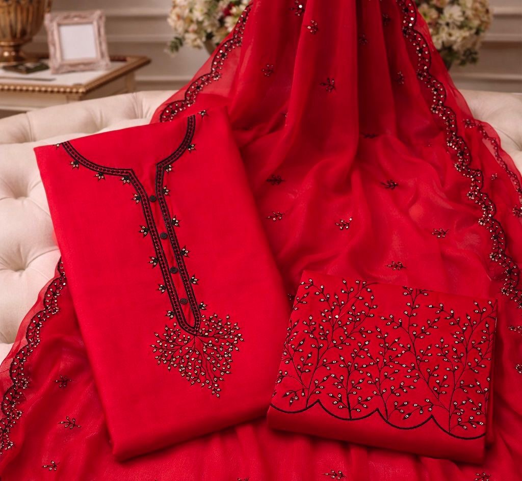 Embroidered 3-Piece Cotton Suit with Chiffon Dupatta | Golden Sequin Work