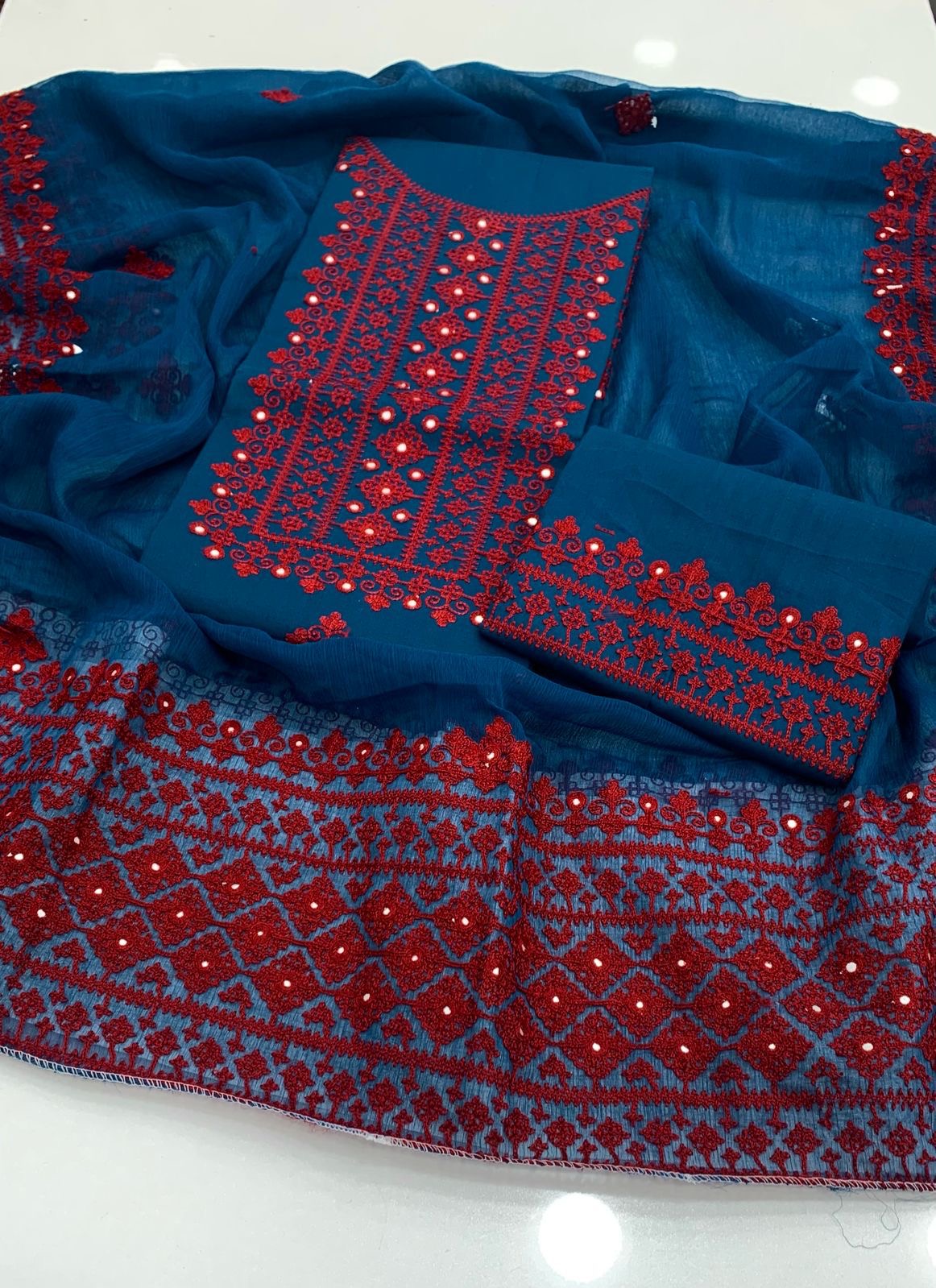 3-Piece Embroidered Suit with Chiffon Dupatta – Sindhi Hurmucha Machine Work & Sitara Foil Detailing