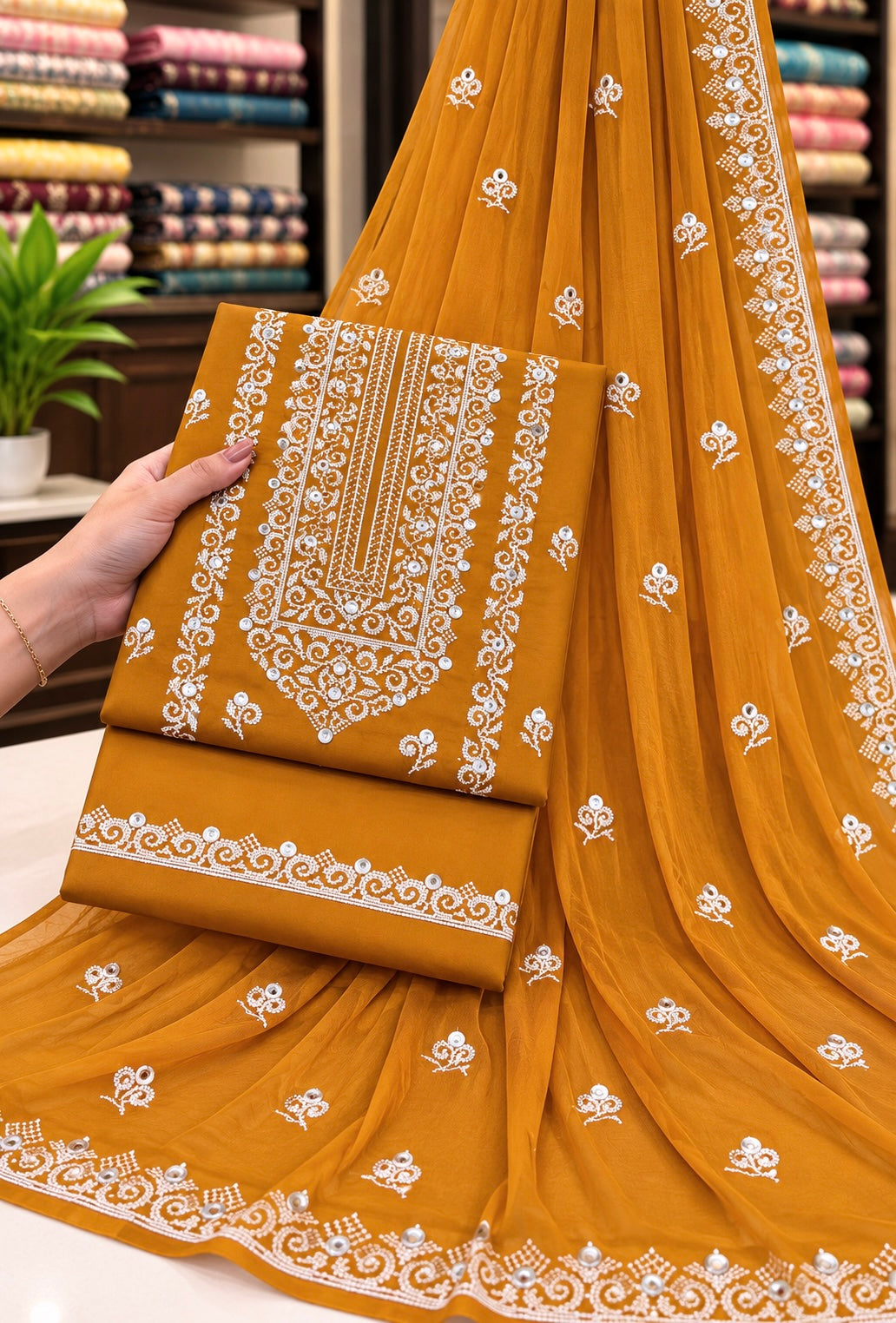 Edenrobe Style Cross Stitch 9MM Sitara - Soft Cotton with Chiffon Dupatta - 3PC Unstitch Dress 👗