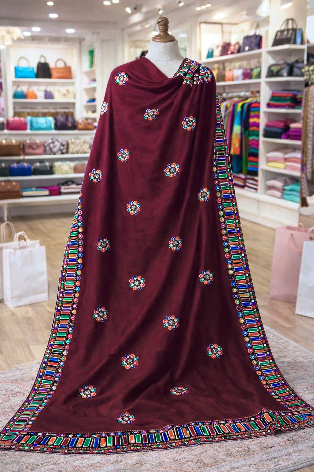 Premium Balochi Sequence Sitara Embroidered Shawl | Swiss Voile Fabric | 4-Side Border Work
