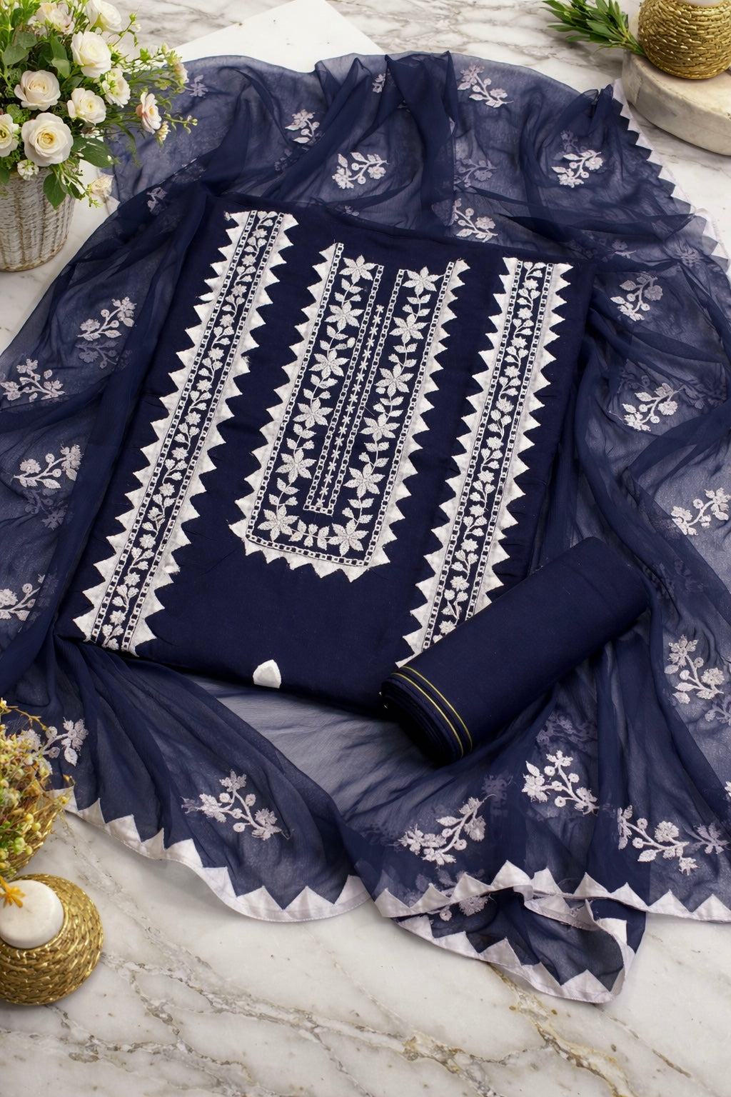 Elegant Handmade Applic Work Embroidery Lawn Cotton with Chiffon Dupatta - Unstitch 3PC Dress 👗