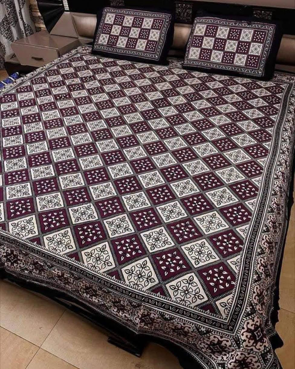 King Size Ajrak Block Hand Print Cotton Stuff Bedsheet Set with 2 Unstitched Pillow Covers
