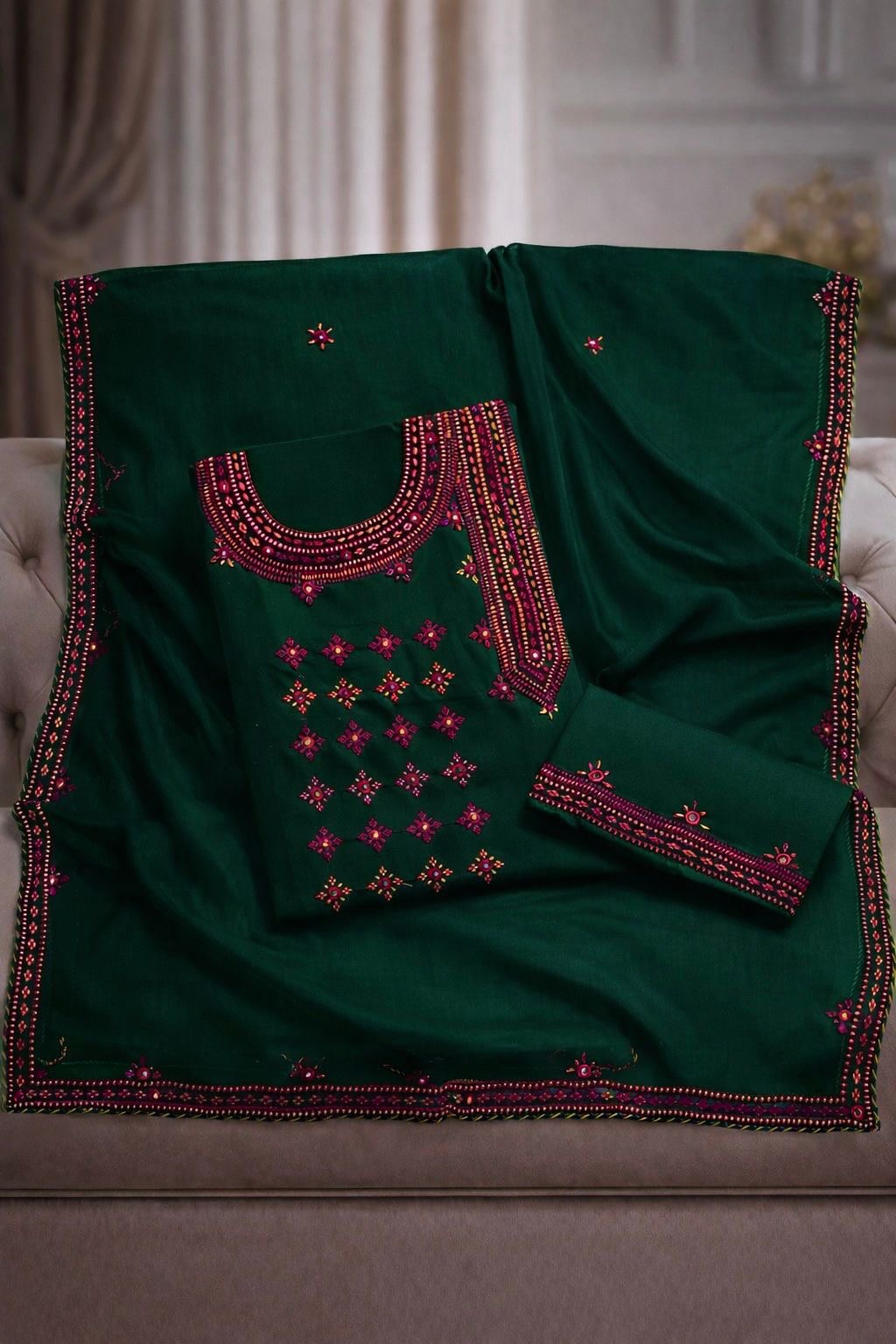 Angrakha Style Gala Balochi Handmade Original Mirror Work Lawn Cotton with Chiffon Dupatta - 3PC Unstitch Dress 👗
