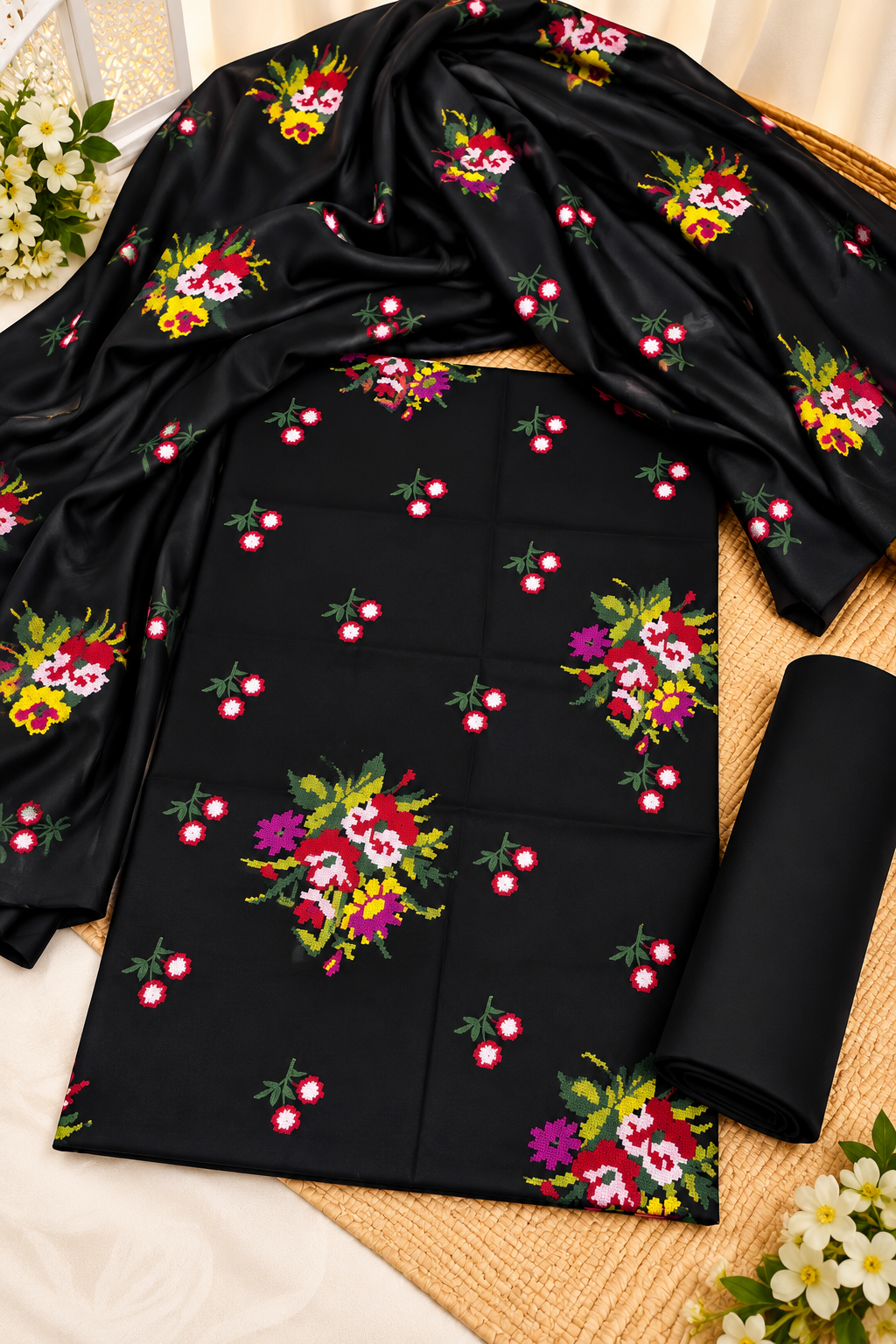 Premium Dhanak Fabric Cross Stitch Multi Flower Bunches Embroidered 3-Piece Unstitched Suit