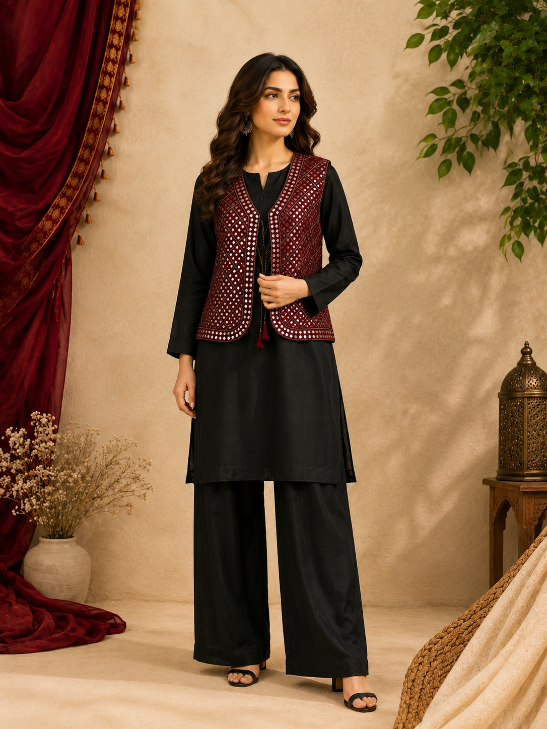 9MM Sitara Full Front Embroidered Ladies Traditional Koti – Maroon | Standard Size