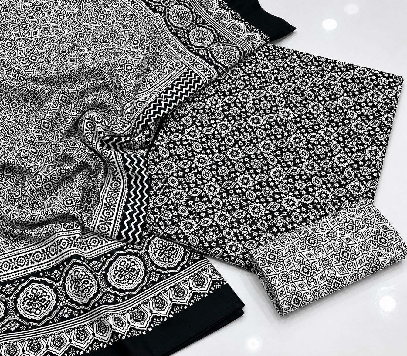 Hand Block Print Ajrak Cotton Unstitched 3-Piece Suit | All-Season Wear