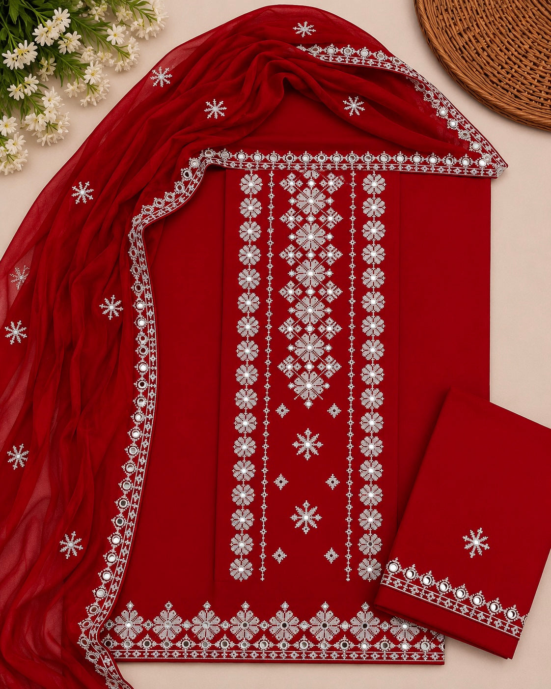 Cross Stitch Flower Embroidered   Lawn Cotton Fabric Shirt &Trouser with Chiffon Embroidered Dupatta – 3 Piece Unstitched Dress 👗
