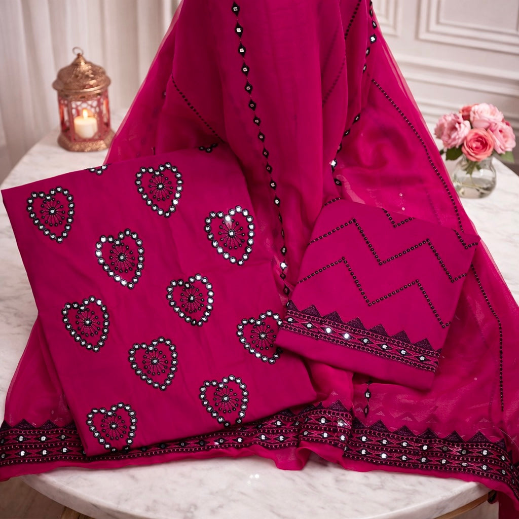 3-Piece Suit with 9mm Sitara Heart Embroidery | Lawn Cotton Shirt & Trouser with Fancy Chiffon Dupatta