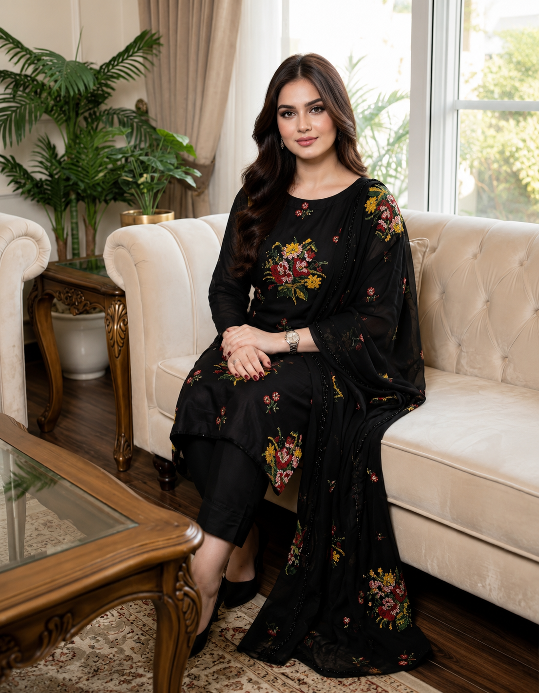 Cross Stitch 3MM Sequence Floral Embroidered Lawn Cotton Shirt & Trouser with Embroidered Chiffon Dupatta | 3 Piece Unstitched Dress