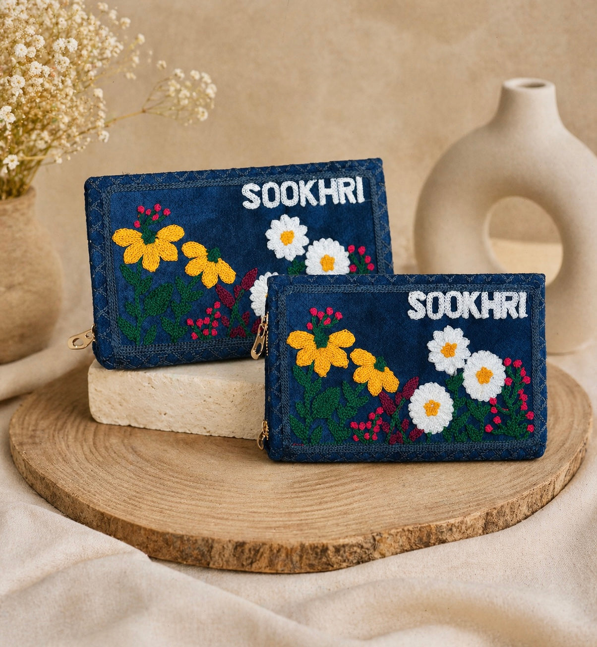 SOOKHRI Embroidered Velvet Clutch – Floral Zipper Wallet (Pair of 2)
