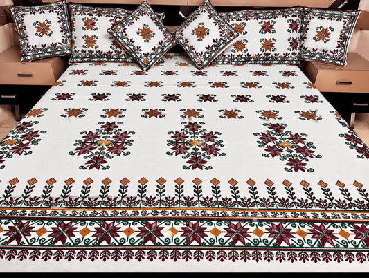 Sindhi Hurmcha Heavy Ari Embroidery 7-Piece Bridal Bedsheet Set – Soft Cotton Fabric | King Size