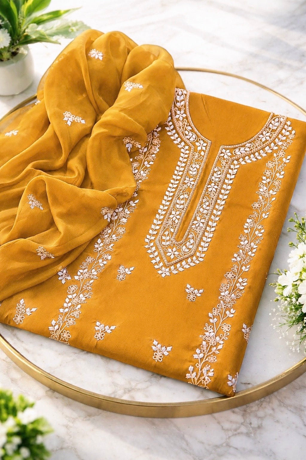 Handmade Applique Leaf, Zari & Pearl Work Lawn Fabric With Chiffon Dupatta 3PC Dress