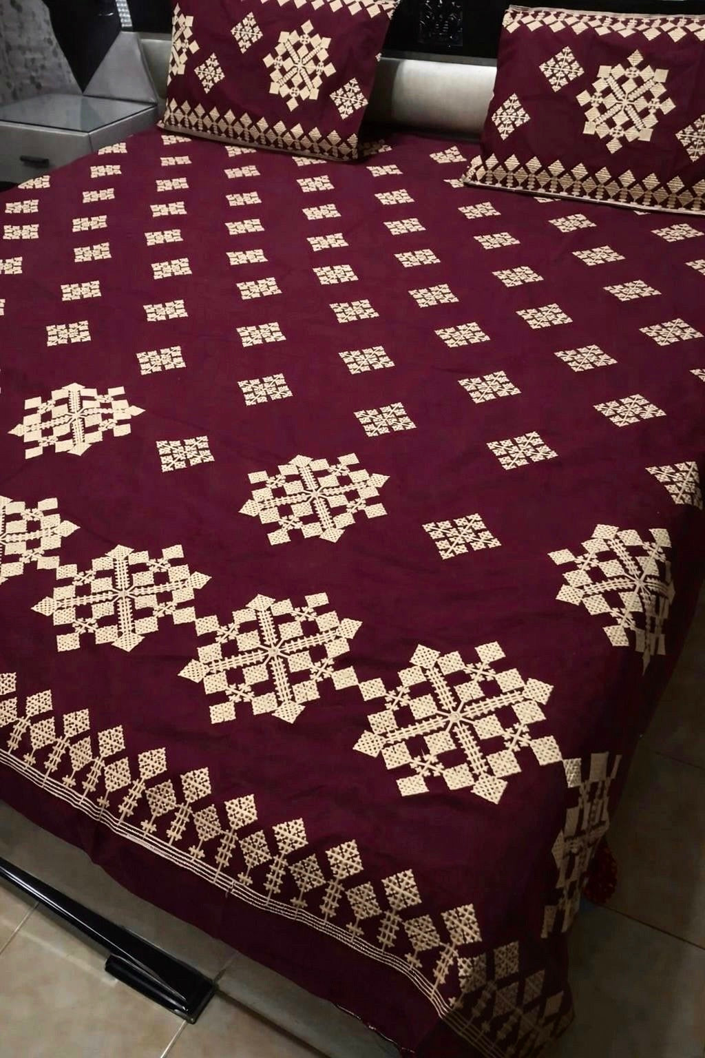 Luxury Cotton King Size Embroidered Bed Sheet Set (With Pillow Covers)