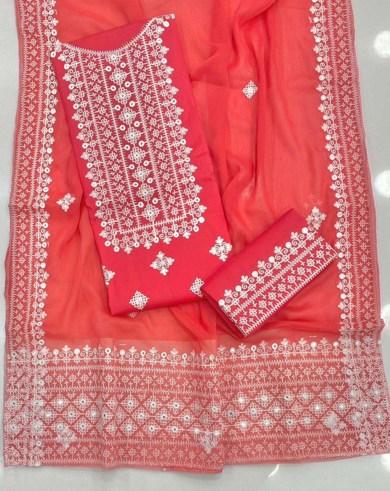 Premium 3PC Ari Hurmuch Foil Work Embroidered Suit – White Contrast