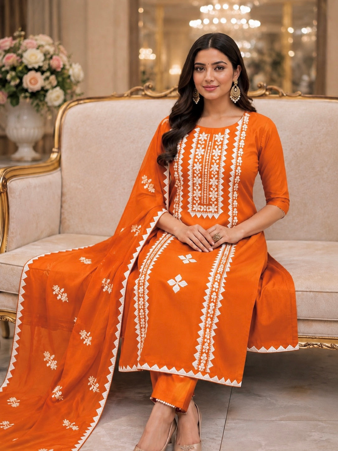 Handmade Applic Work with Thick Thread Embroidery Soft Cotton with Chiffon Dupatta - Unstitch 3PC Dress 👗