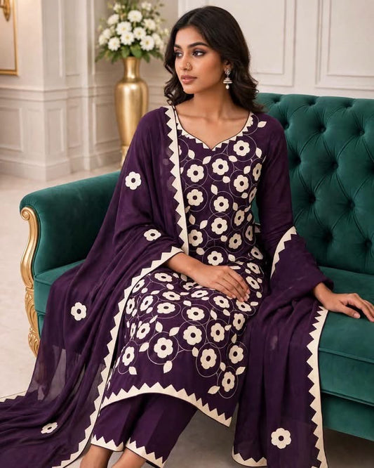 Handmade Applique Floral Jaal Work Soft Cotton with Chiffon Dupatta - 3PC Unstitch Dress 👗