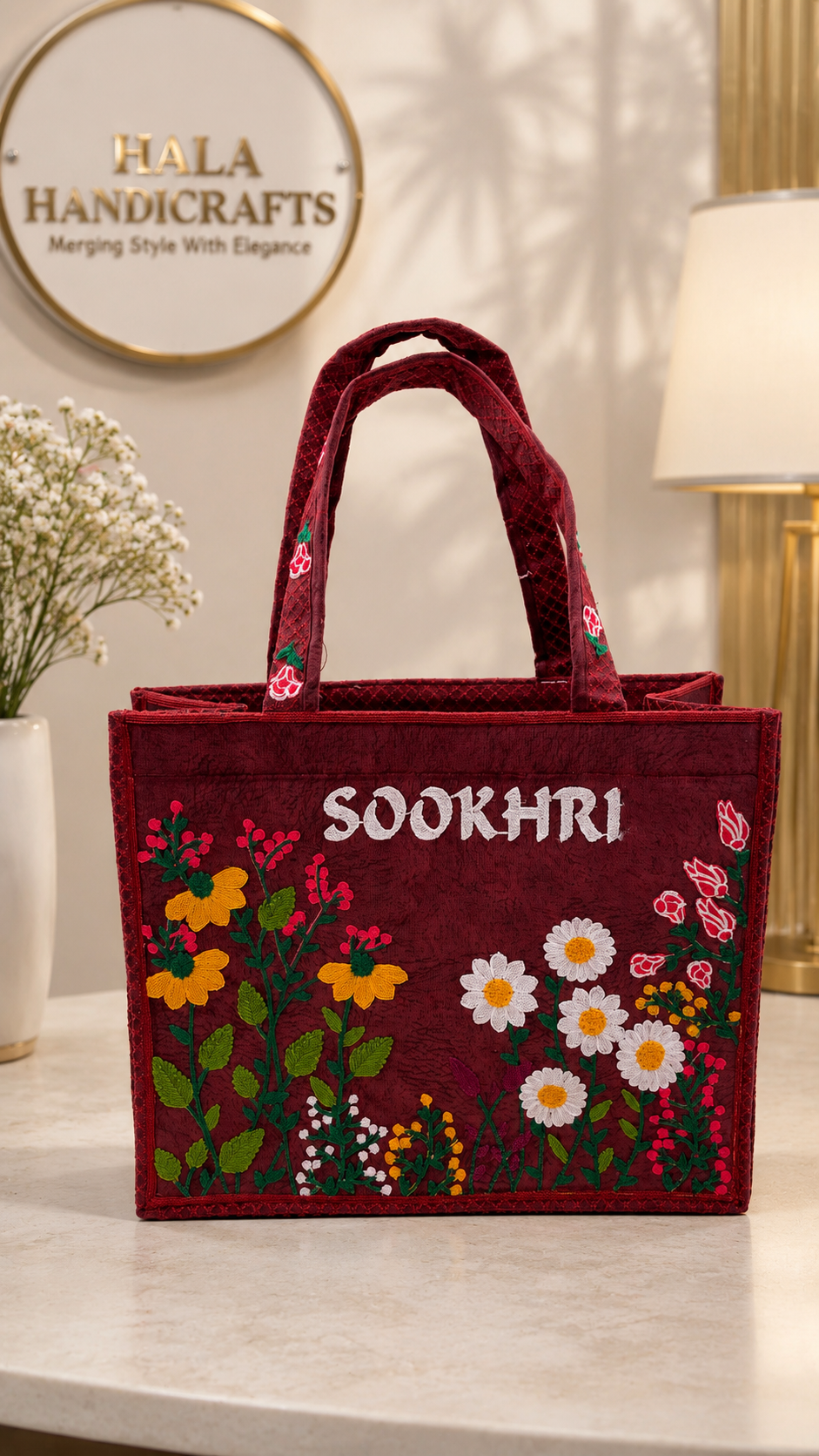 Sookhri Floral Embroidered Black Handbag – Soft Velvet Fabric
