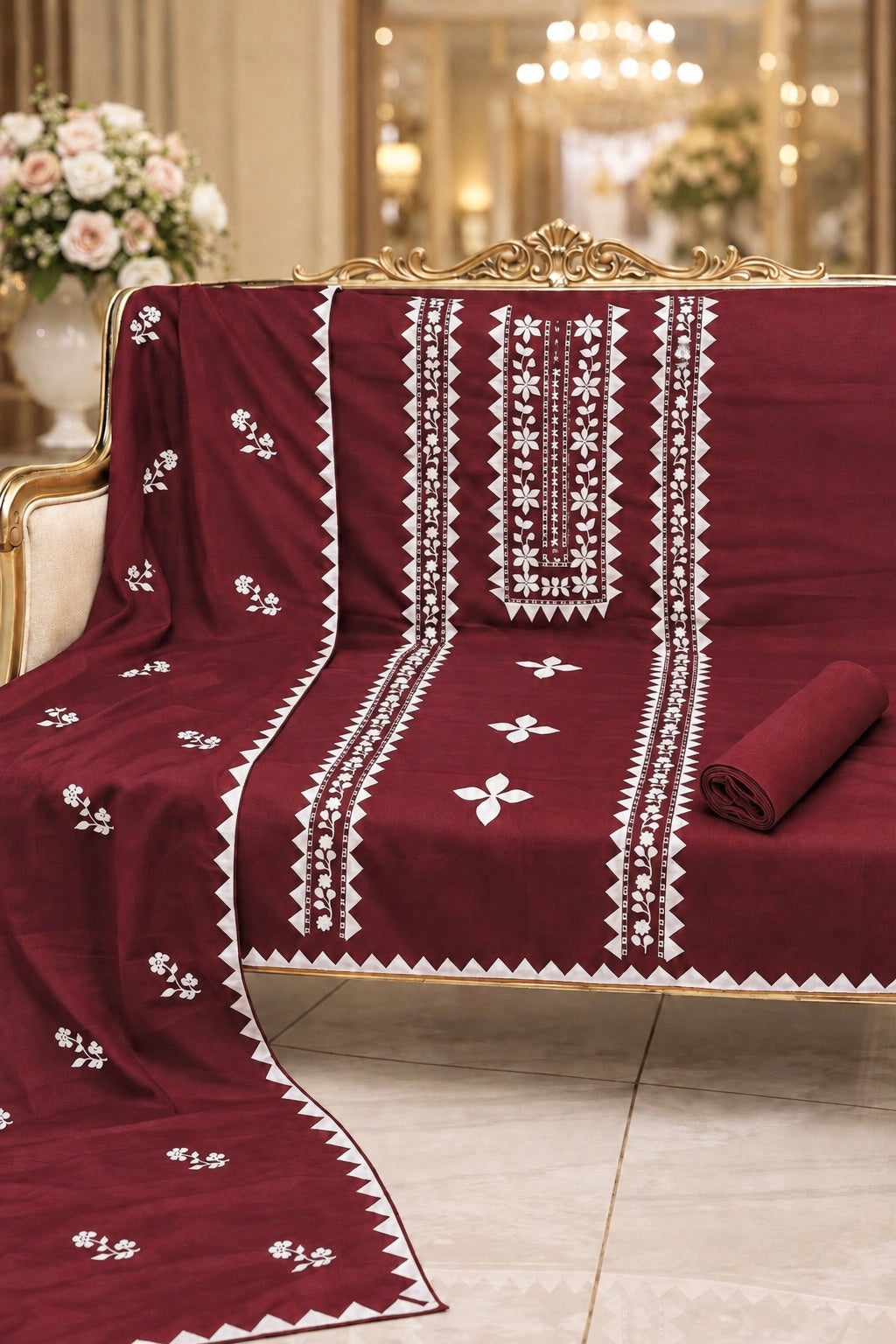 Handmade Applic Work with Thick Thread Embroidery Soft Cotton with Chiffon Dupatta - Unstitch 3PC Dress 👗