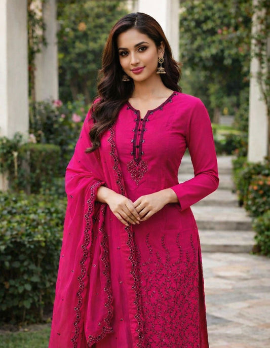 Embroidered 3-Piece Cotton Suit with Chiffon Dupatta | Golden Sequin Work