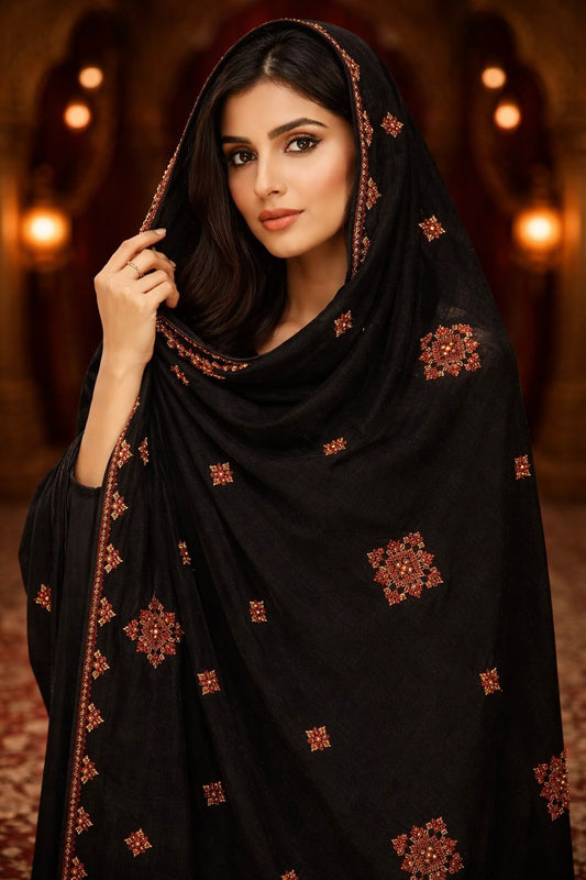 Summer Linen Fabric Balochi Chaddar with Thick Thread & Sitara Embroidery Work | Elegant Formal Chaddar