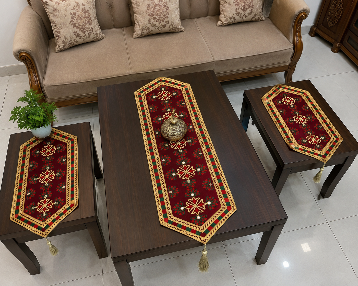 Antique Multi Sitara Machine Embroidered Sofa Table Mats 3pc Set