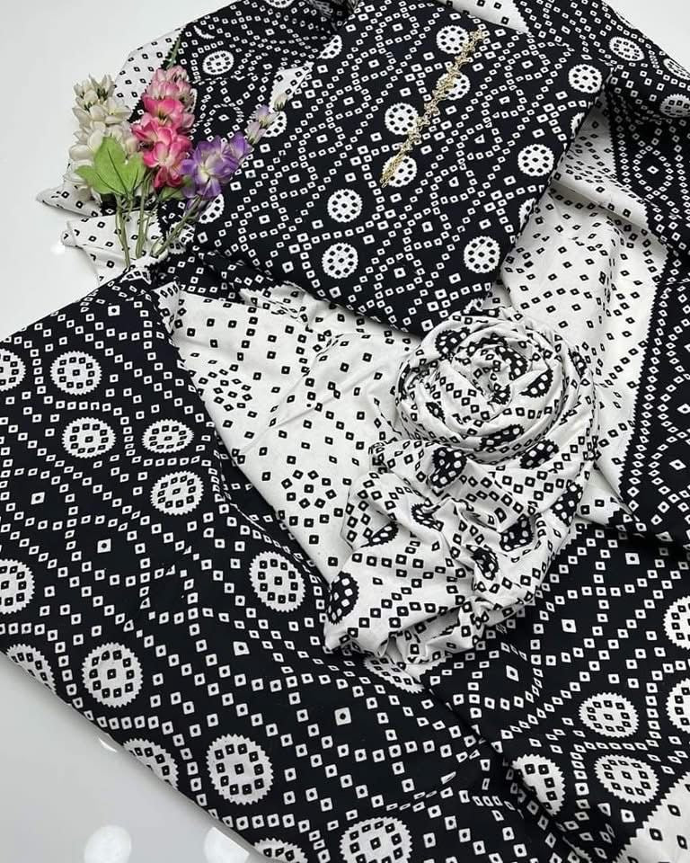 Black Ajrak Hand Block Print Cotton Unstitched 3-Piece Suit | All-Season Wear