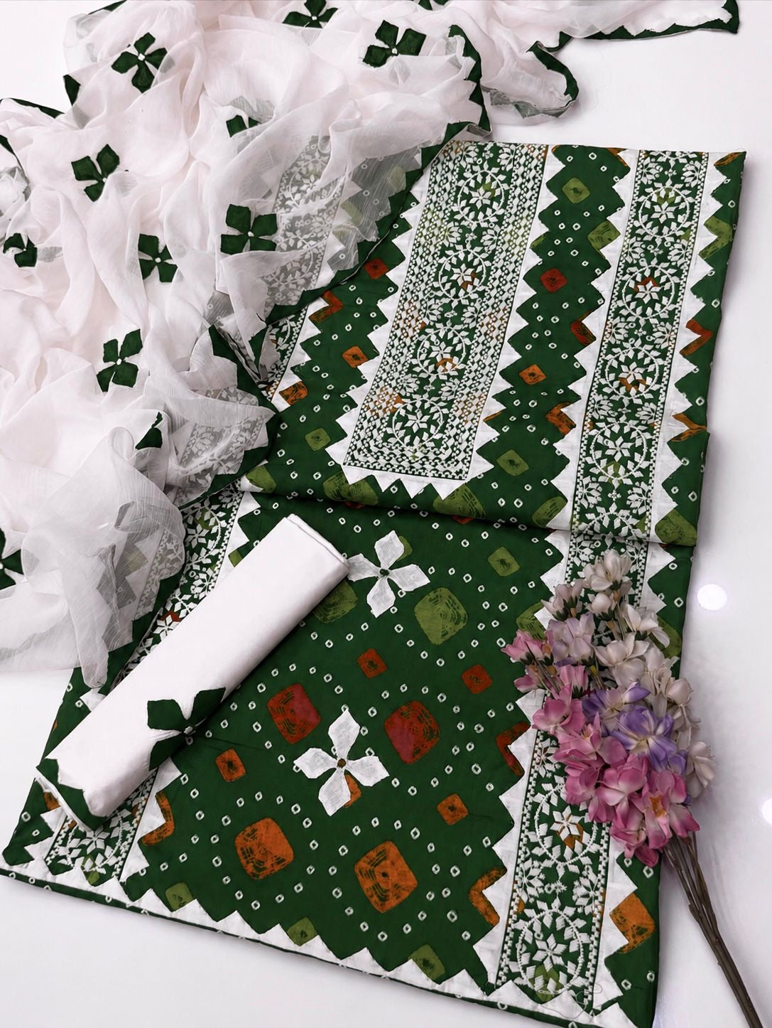 Multi Chunri Print Applic Handmade Panel with Patti Embroidered Lawn Cotton With Chiffon Dupatta – 3PC Unstitched Dress 👗
