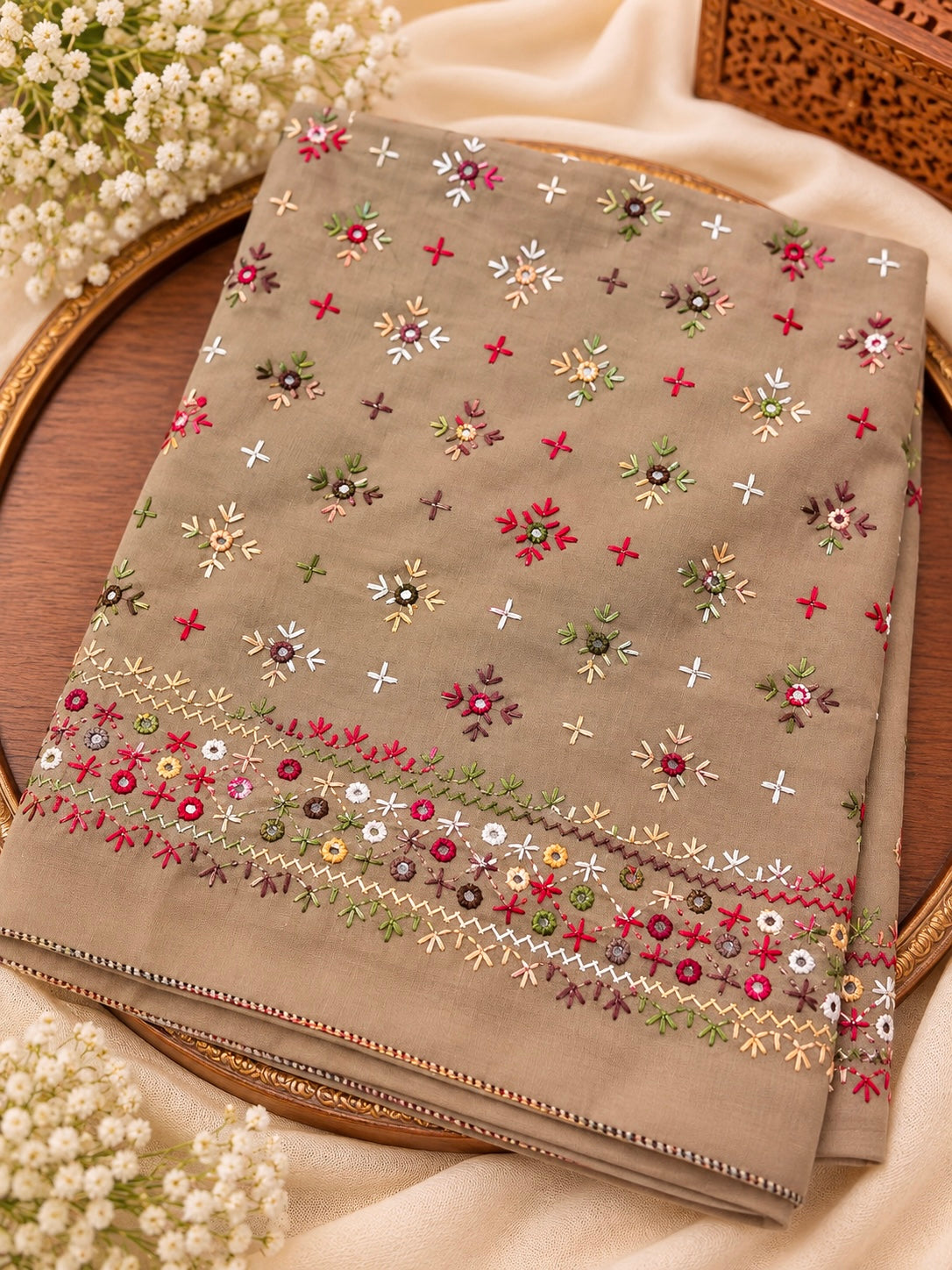 Swiss Lawn Fabric Handmade Original Mirror Work Full Jaal 4 Side Border Shawl for Women