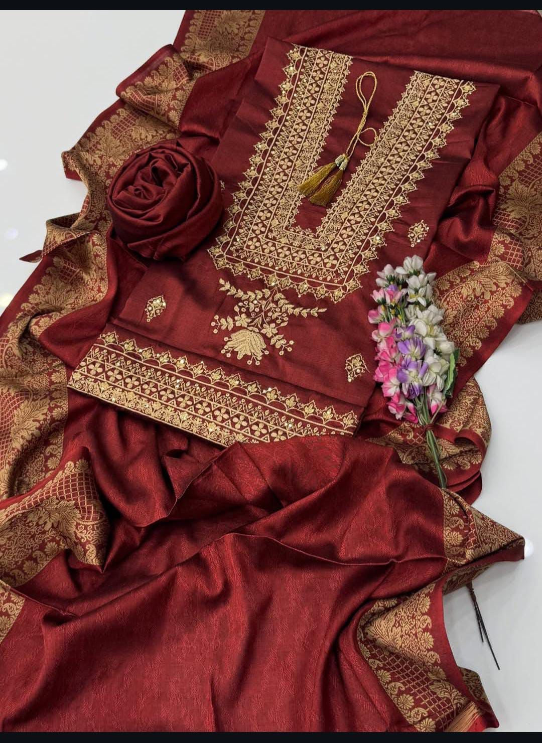 Winter Staple Soosi 3-Piece Suit | 3mm Sequence Embroidery with Jacquard Staple Soosi Shawl Dupatta