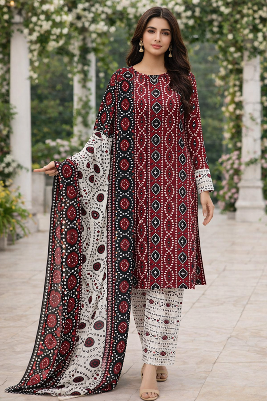 Chunri Block Print Soft Cotton Fabric Unstitched 3 Piece Dress 👗