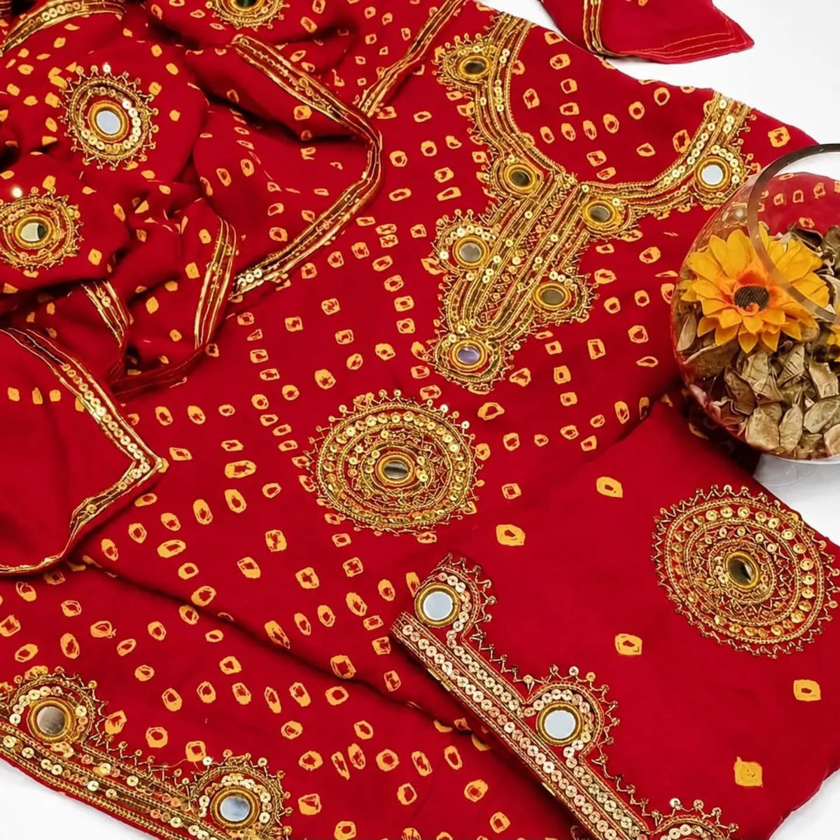 Traditional Gotta Mirror Work Chunri 3-Piece Dress (Handmade – Cotton Fabric)
