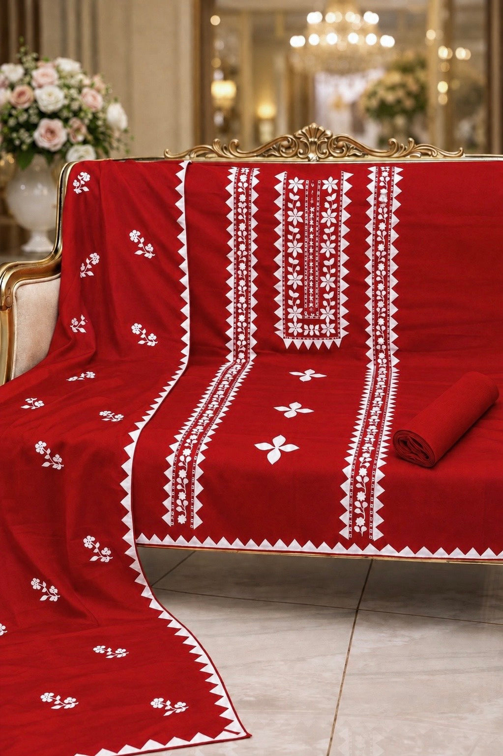 Handmade Applic Work with Thick Thread Embroidery Soft Cotton with Chiffon Dupatta - Unstitch 3PC Dress 👗