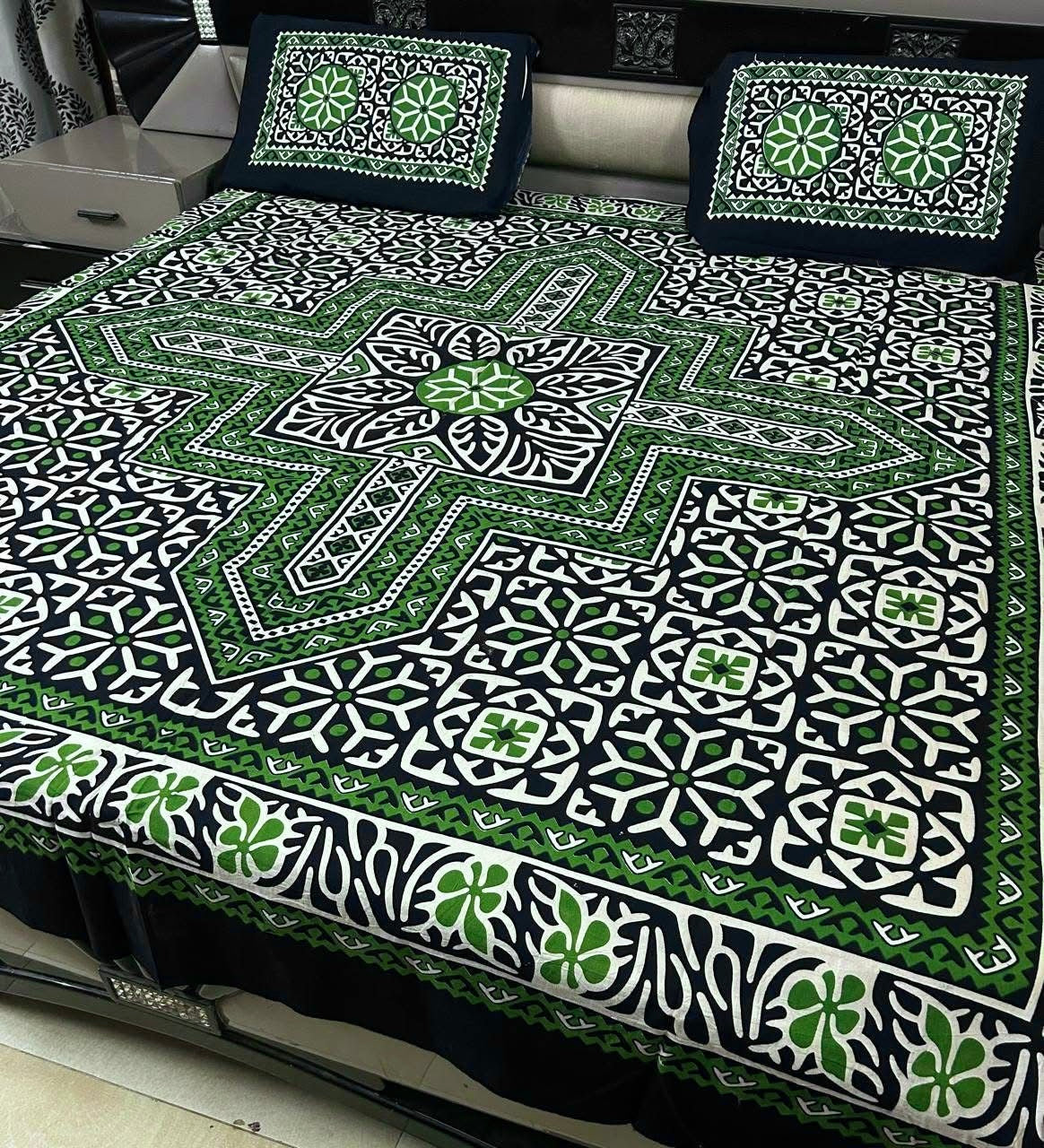 Ajrak Cotton King Size Block Print Bedsheet with 2 Unstitched Pillow Covers