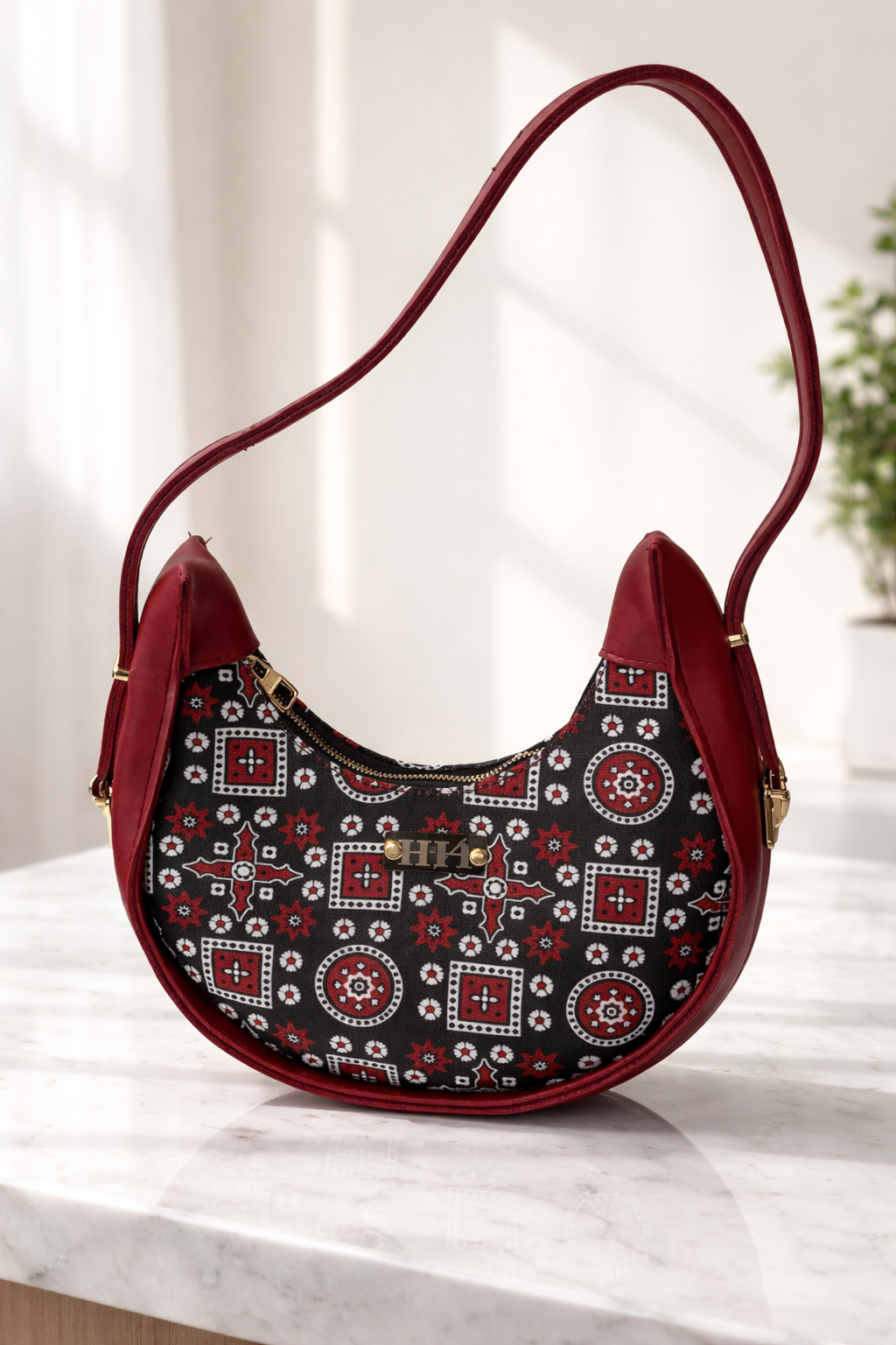 Traditional Printed Canvas Crescent Shape Shoulder Bag with Leather Trim