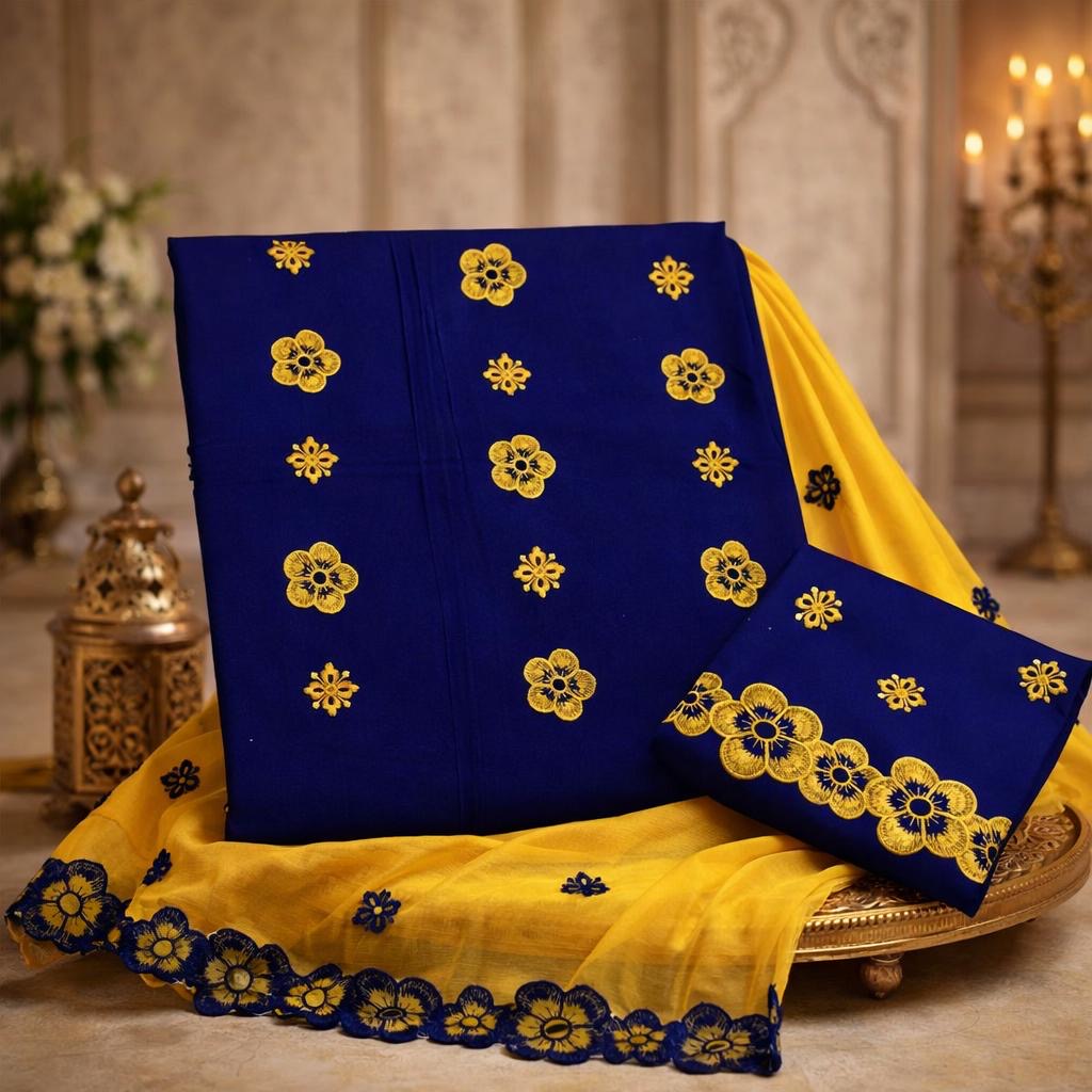 Floral Embroidered Unstitched Soft Cotton 3PC Suit With Chiffon Cutwork Dupatta