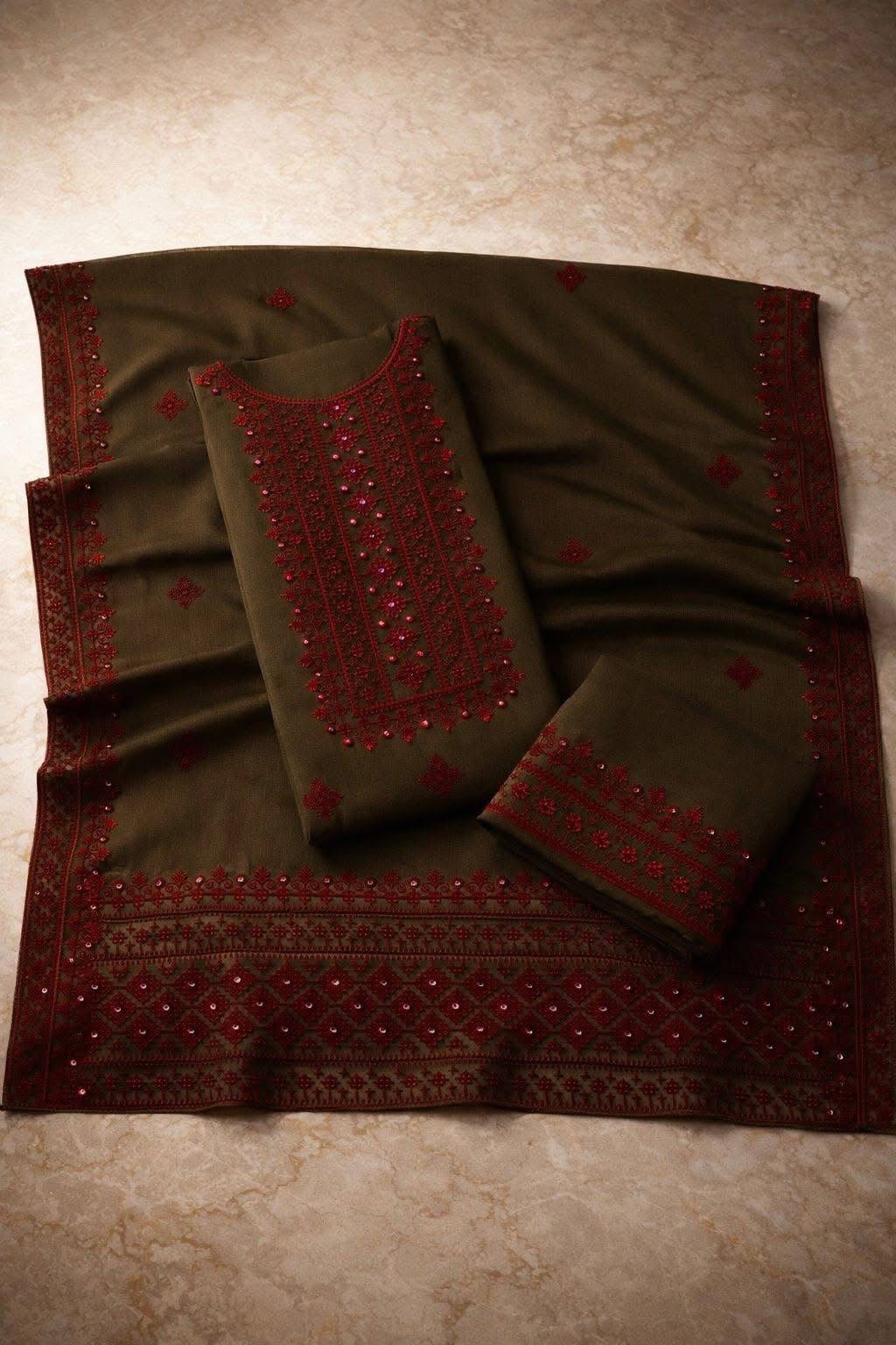 Hurmucha Machine Work & Sitara Foil Detailing Embroidered Soft Cotton with Chiffon Dupatta – 3PC Unstitch Dress 👗